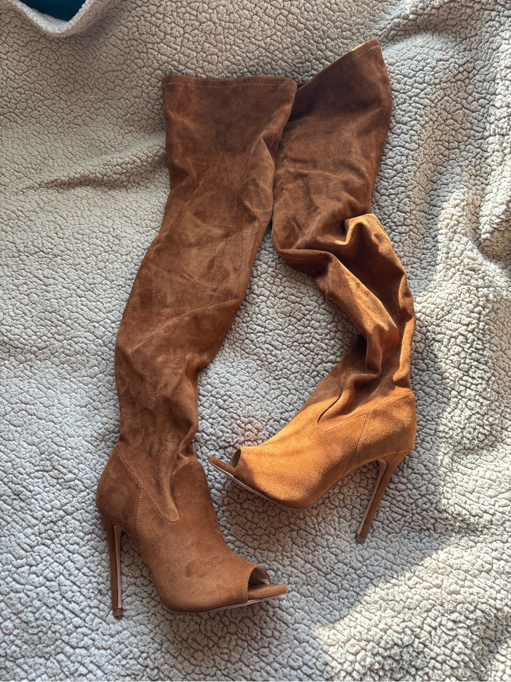 Over-The-Knee Peep-Toe Stiletto Boots in Cognac Suede